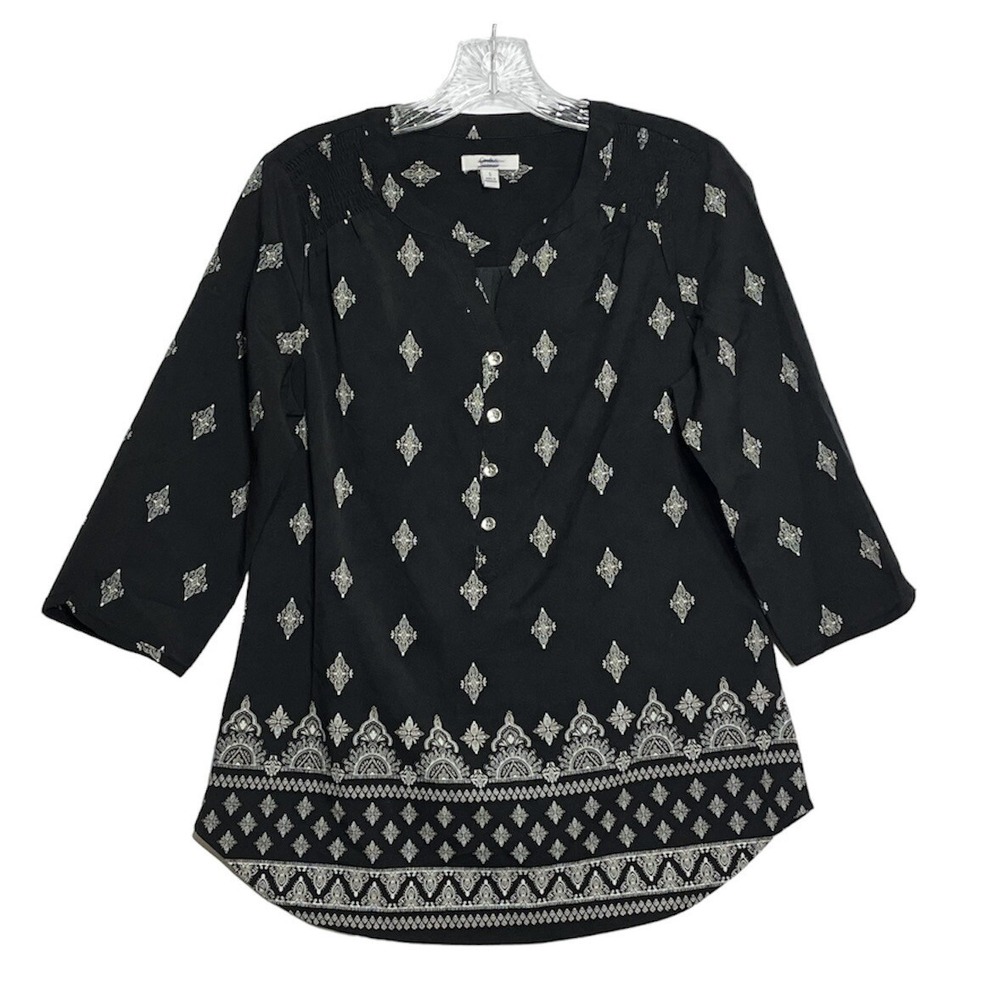 Croft & Barrow Womens Small Black White Medallion Print 3/4 Sleeve Henley Blouse
